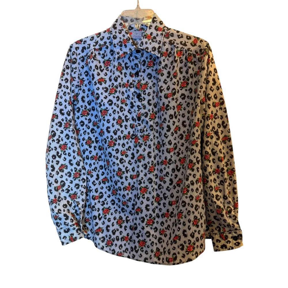 David Peet Women’s Vintage Edgy Western Leopard and Rose Print Button Top sz L
